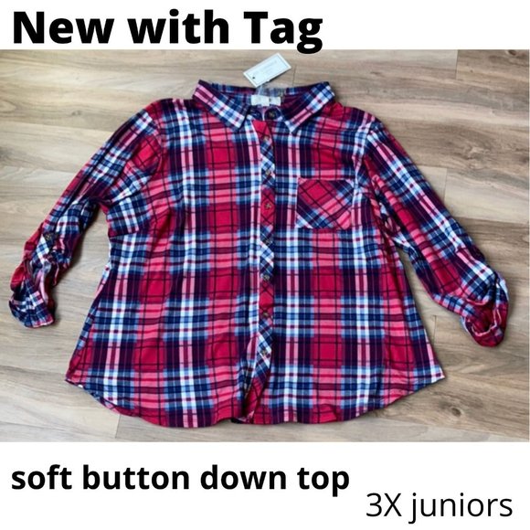 No Comment top plaid print button down soft comfy casual top 3X jrs - Picture 1 of 15